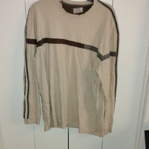 Beige Long-Sleeve Crewneck Shirt with Contrast Stripes